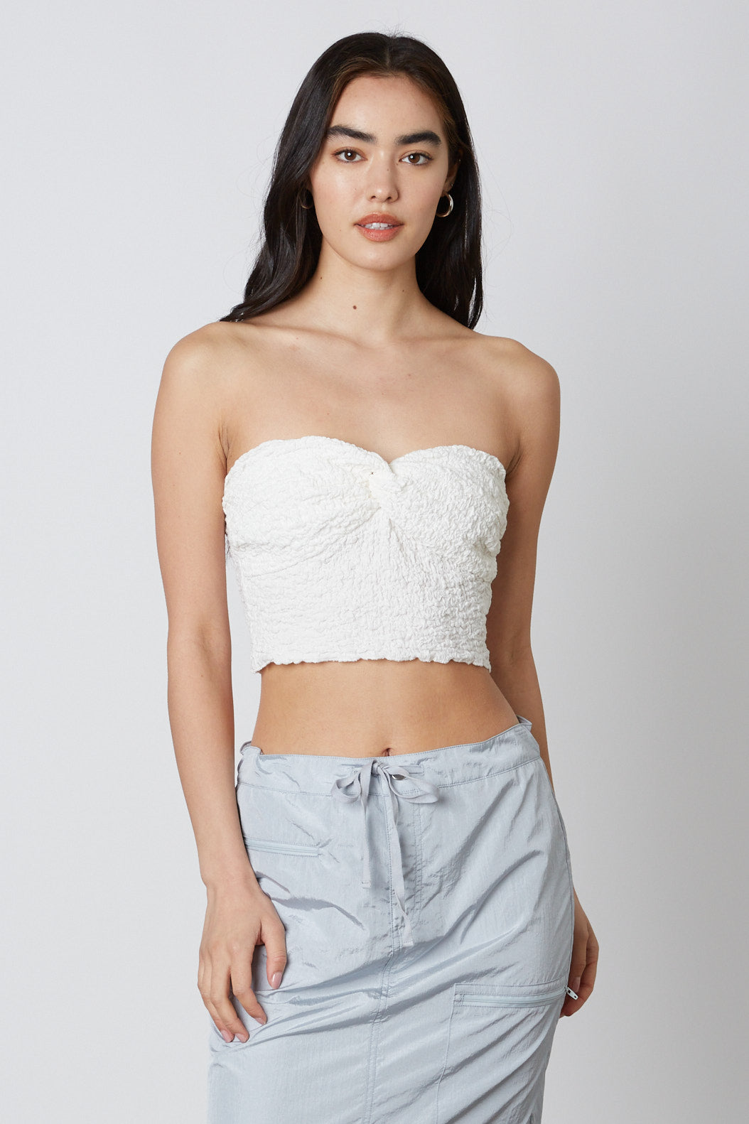 Crinkled Textured Tube Top in White Front 2