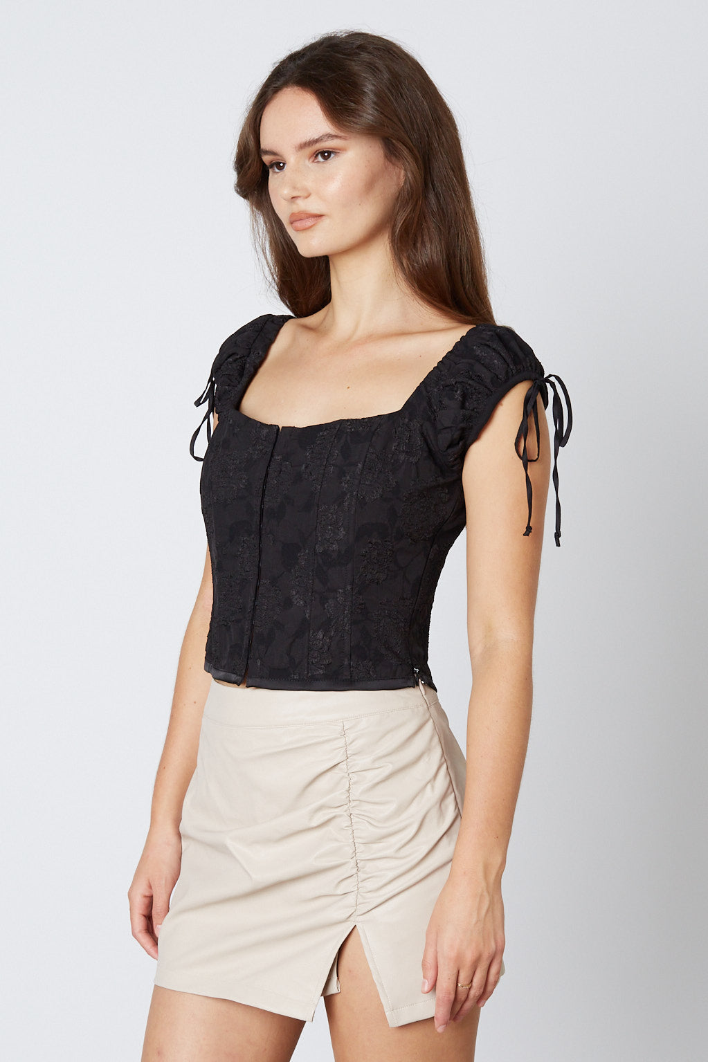 Jacquard Cap Sleeve Corset in Black Side View