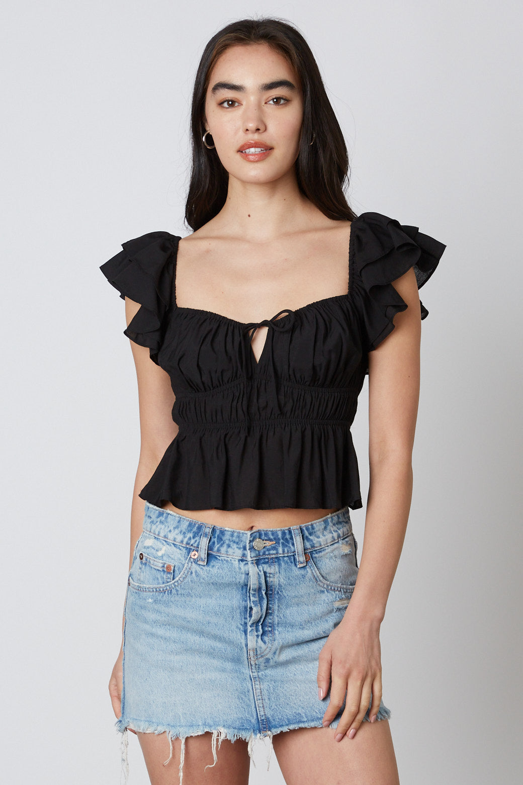 Smocked Ruffle Top in Black Front