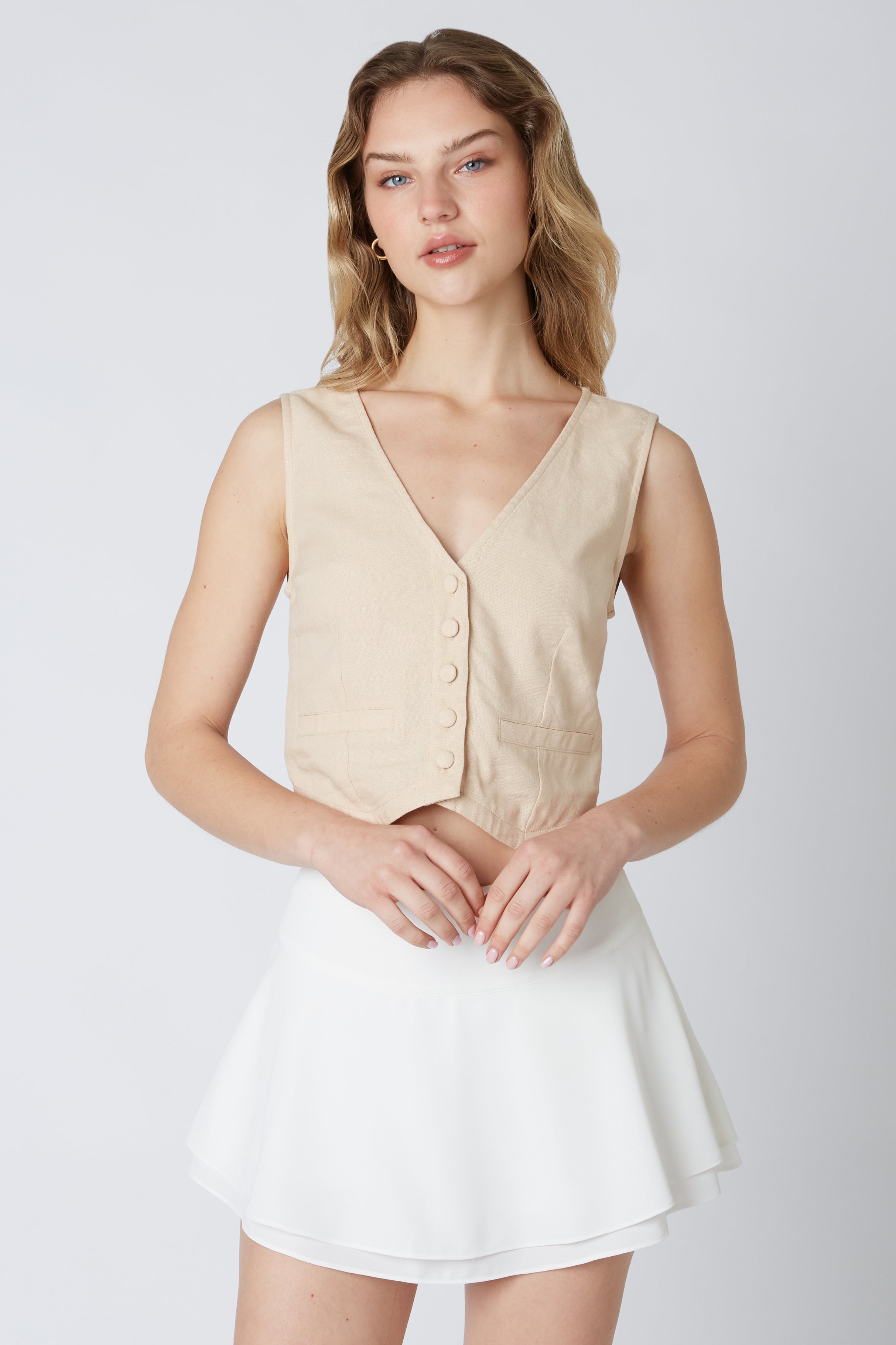Linen Cropped Vest in Wheat Front