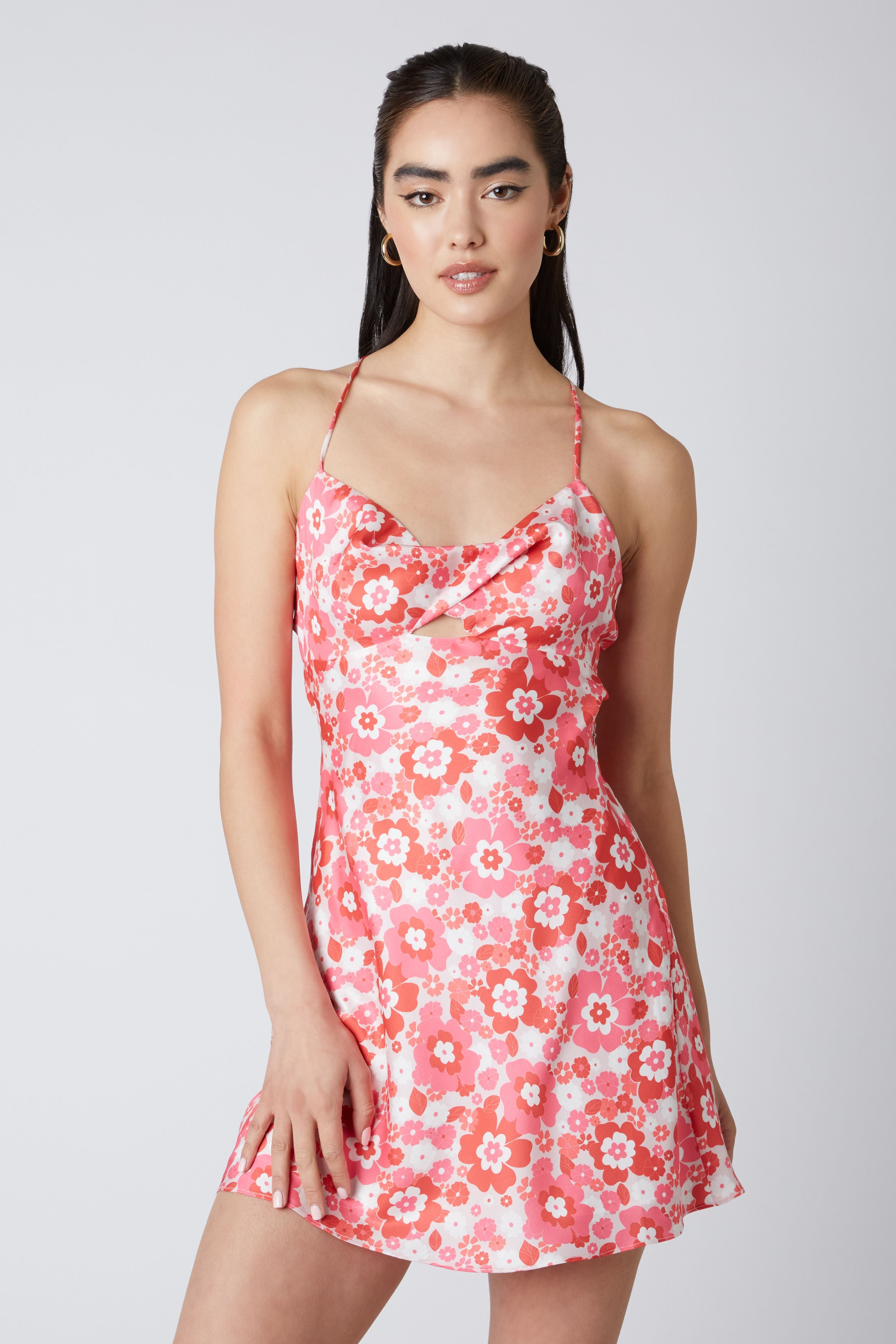 Floral Halter Bias Mini Dress in Fuchsia Front View