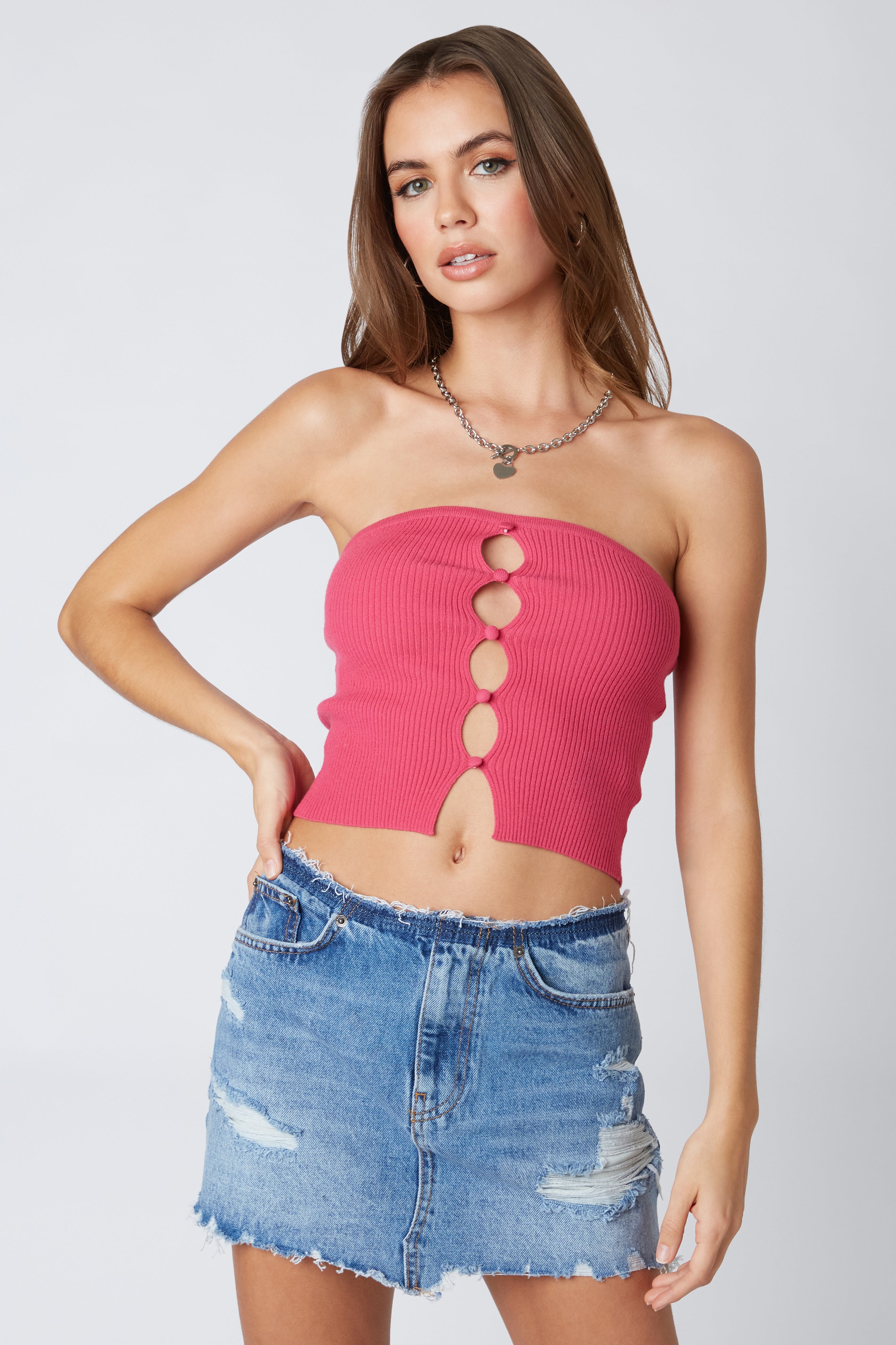 Keyhole Knit Tube Top in Hot Pink Front