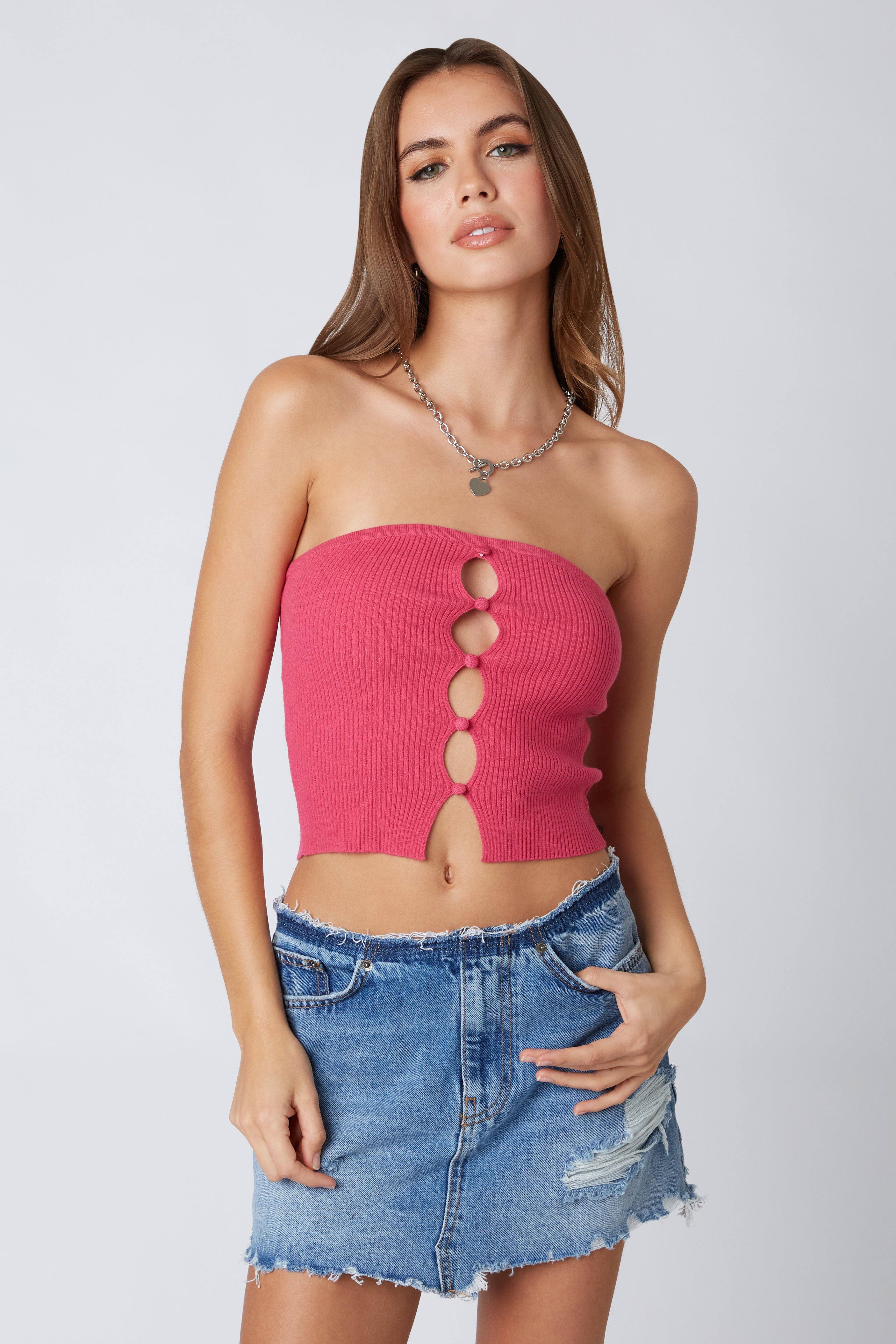 Keyhole Knit Tube Top in Hot Pink Front