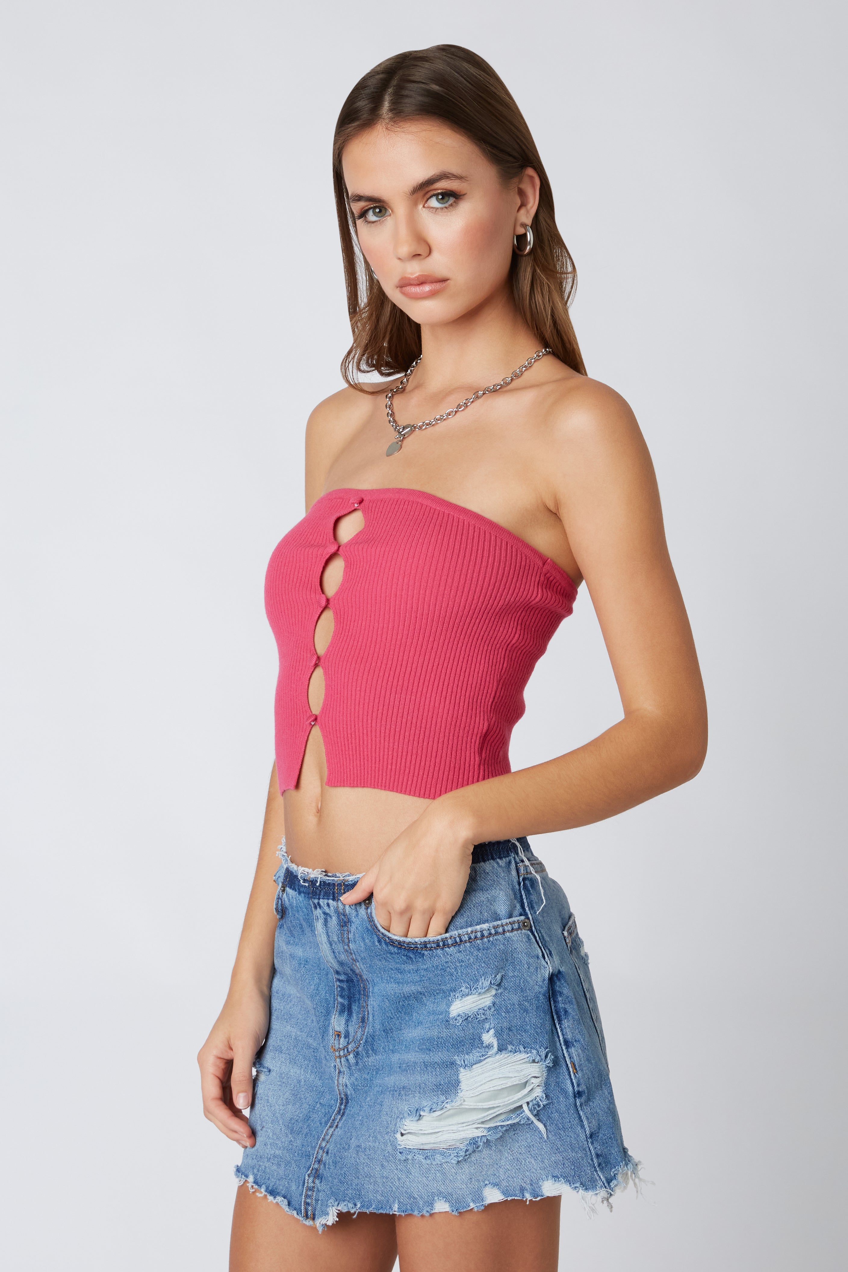 Keyhole Knit Tube Top in Hot Pink Side